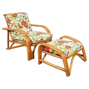 Mid Century Rattan Lounge Chair And Ottoman With Josef Frank Style Fabric 1940s