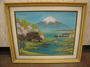 Vintage Mid Century Signed Japanese Landscape Painting On Fabric Silk 2