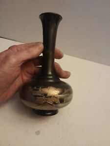 Vintage Japanese 6 5 Bronze Gourd Vase Pagoda Mountains Mixed Metal