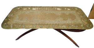 Mcm Ornate Brass Tray Table W Spider Leg Base 47x23 Raised Animals Border Boho