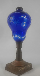 Whale Oil Lamp Cobalt Blue Cut To Clear Overlay Antiue Boston Sandwich 