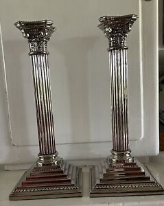 Tall Pair Of Vintage Silver Plated Corinthian Columns Candlesticks