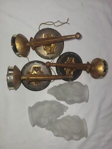 Vintage Torchiere Brass Steel Wall Sconce Fixture With Matched Lamp Shades