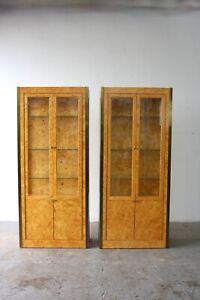 Mid Century Modern Pair Of Burl Wood Brass Vitrine Cabinets By Tomlinson