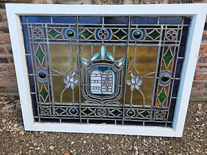 Antique Victorian Church Stained Glass Ten Commandments Jeweled Window 41 X 31 