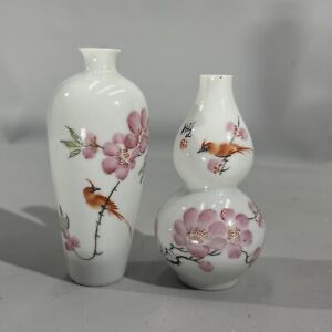 Antique Chinese Fine Eggshell Porcelain Peony And Bird Vase Set Of Two 2 