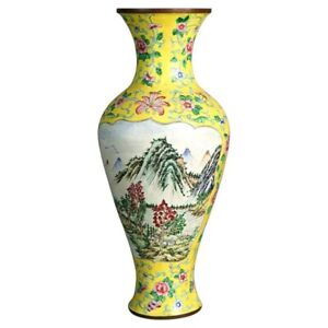 Antique Chinese Enameled Vase With Landscape Flowers C1930