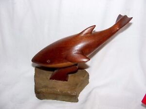 Vintage Mid Century Modern Carved Teak Whale Dolphin On Stone Base