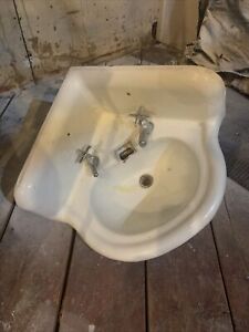 Antique Vintage 1930s Kohler Cast Iron White Porcelain Bath Corner Sink