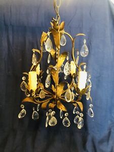 Vintage Ornate Brass And Crystal Bronze Tole Leaves Chandelier Made In Spain