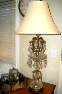 Hollywood Regency Crystal Chandelier Table Lamp Loaded Prisms Macaroni Beads