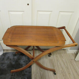 Mid Century Modern Wood Folding Bar Cart With Removable Haskelite Tray On Wheels