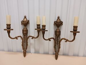 Antique Early 1900s French Louis Xvi Style Bronze Double Arm Wall Sconces
