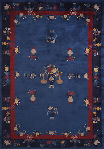 Vegetable Dye Blue Art Deco Chinese Area Rug 6x9 Wool Hand Made Room Size Carpet