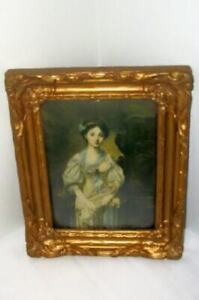 Antique French Lady Roses Lithograph Convex Wavy Rectangle Glass Gilt Gesso Wood