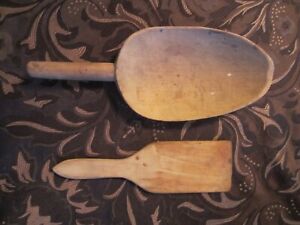 Lot 2 Antique Handmade Primitive Wooden Treenware Utensils Butter Paddle Scoop