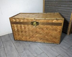Vintage Asian Oriental Chinoiserie Woven Rattan Bamboo Trunk Chest With Brass