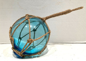 Vtg Japanese Fishing Buoy Glass Aqua Ballh In Rope Handblown W Rope Case Tiki