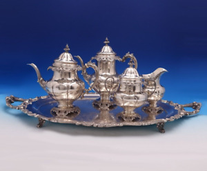 Grande Baroque By Wallace Sterling Silver Tea Set 4pc W Silverplate Tray 7895 