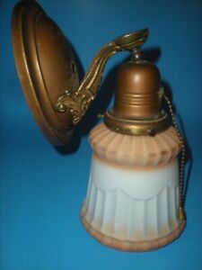 Antique Brass Wall Sconce Fixture With Vtg Art Deco Polychrome Pleated Shade