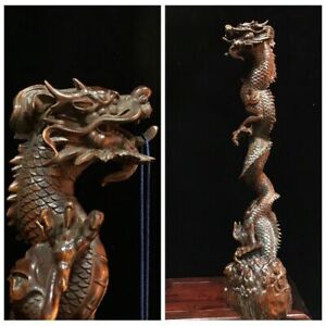 10 Old Wooden Dragon Statue Wood Carving Boxwood Carved Pen Holder Desk Decor
