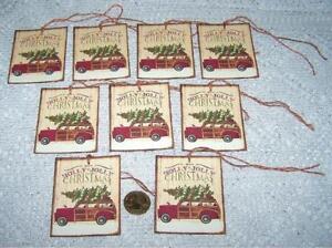 9 Christmas Primitive Woody Wagon Fussy Cut Linen Cardstock Gift Hang Tags Ornie