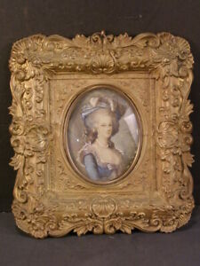 1800 S Miniature Celluloid Hand Painted Lady Woman Portrait Ornate Bronze Frame