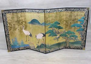 Vintage Japanese Hand Painted Table Top 4 Panel Folding Screen Partition 18 X9 