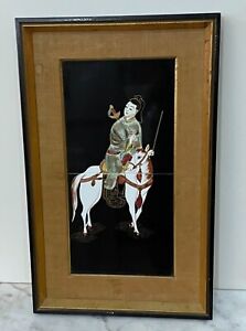 Vintage Framed Chinese Two Hand Painted Tiles Depicting A Male Figure On Horse