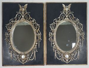 Rare Vintage Pair Victorian Ornate Mirrors Americana Eagle Black Silver 13 5 X9 