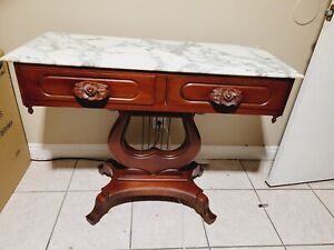 Victorian Solid Genuine Mahogany Harp Base With Marble Top Console Table