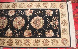 Handmade Persian Runner 12ft 6in By 27 Black Floral Wool Rug