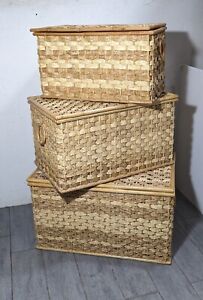 Vintage Set Of 3 Woven Wicker Cane Storage Chest Trunk Basket Box Lid Boho Chic
