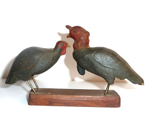 Small Antique Folk Art Hand Carved Painted Wood Turkey Pair On Base Wire Legs