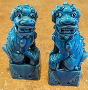 Pair Antique Chinese Export Foo Dog Figurines Turquoise Glaze 1900 1920