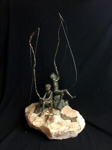 Curtis C Jere Bronze Fishing Sculpture Quartz Mid Century Brutalist Art Signed 