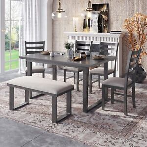Harper Bright Designs 6 Piece Dining Table Set With Bench Retro Style Kitchen