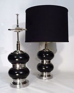 Pair Of Art Deco Bauhaus Leather Nickel Bulbous Form Table Lamps Lights