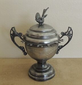 Antique Silver Spoon Holder Sugar Bowl New Amsterdam Quadruple Plate Bird Finial
