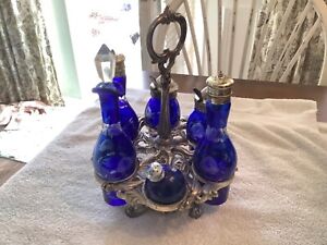 Victorian Cobalt Blue 5 Etched Bottle Cruet Castor Set