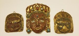 Vtg Set 3 Tibetan Nepal Mahakala Buddist Temple Brass Masks W Semi Precious Gems