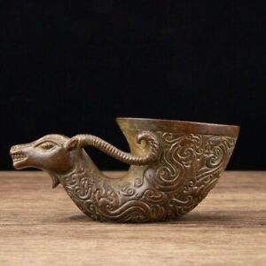 14 Cm Chinese Antique Bronze Cup Old Brass Wine Vessel Animal Cup