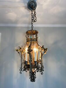 1920 S Spanish Revival 6 Lights 25 Iron Art Deco Gothic Lamp Chandelier Pendant