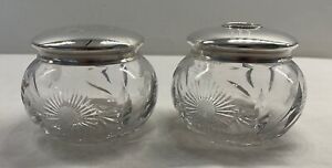 Antique Matched Pair Sterling Lid Dresser Jar Hair Receiver Glass M Mono 50g