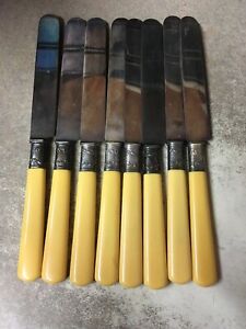 8 Celluloid Knives With Sterling Silver Band Daniel Low Co Salem Mass 