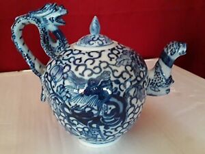 Yongzheng Dragon Porcelain Teapot Blue And White Used 