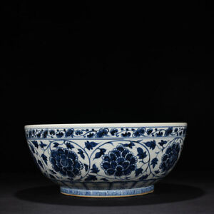 16 1 China Old Porcelain Ming Dynasty Hongwu Mark Blue White Peony Flower Bowl