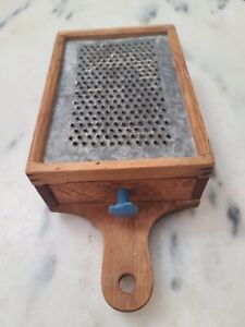 Primitive Antique Handmade Table Top Cheese Grater Box Drawer Tin Wood