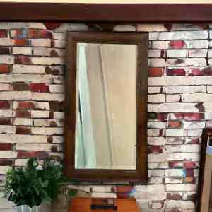 Early 20th Century Antique Beveled Glass Mirror Pine Wood Frame Rustic Farmhouse