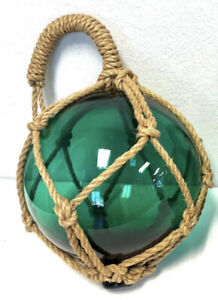 Large Japanese Rope Netted Hand Blown Glass Fishing Float Buoy Ball 12 Green